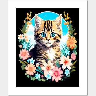 Tiger Striped Kitten Surrounded by Spring Flowers Posters and Art